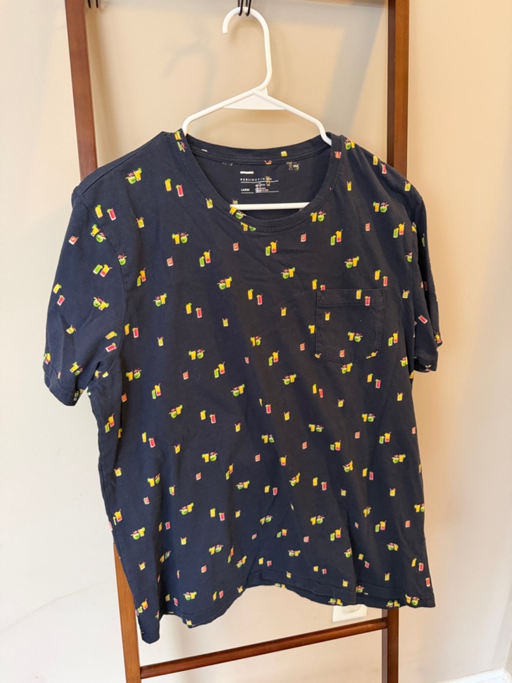 Navy Short Sleeve Pocket Tee with Tropical Drink Pattern